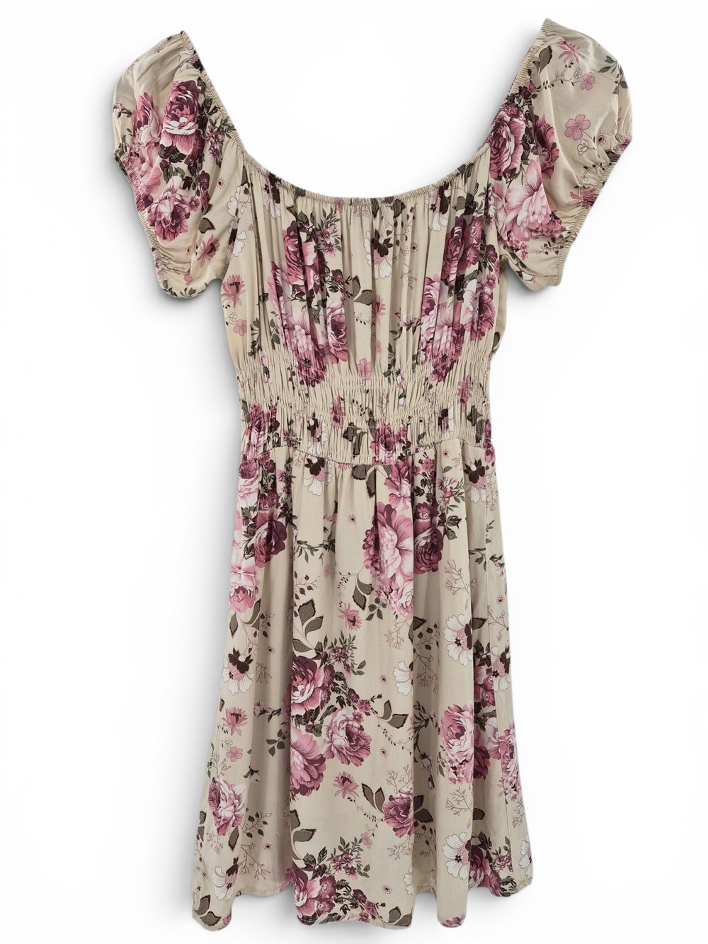 Cream Floral Mini Dress S Puff Sleeve Smocked Waist Coquette Cottagecore Prairie - Picture 7 of 14